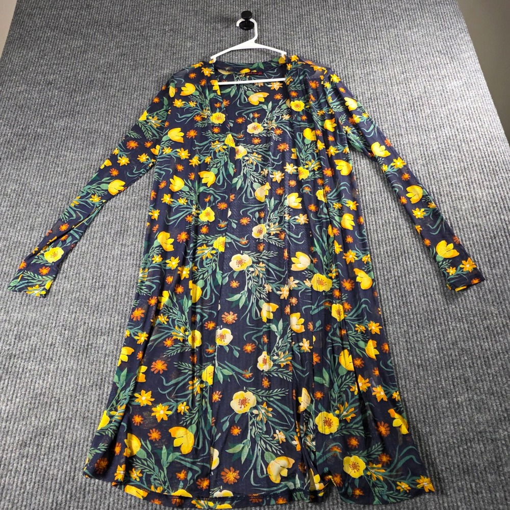 Shiela‎ Rose Women Navy Blue Yellow Floral Mesh Longline Duster Cardigan Size L
